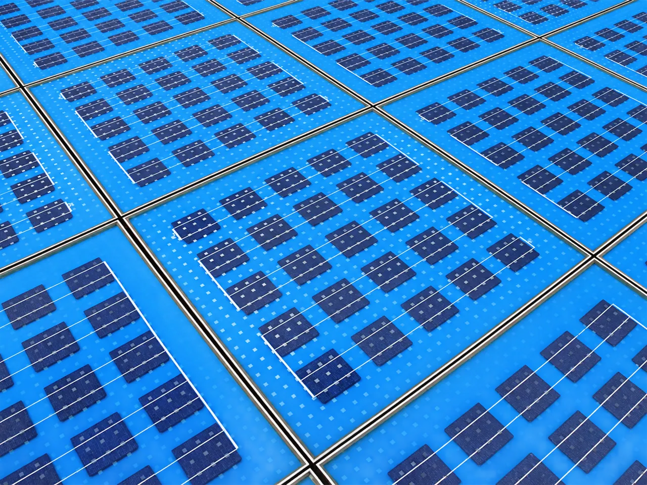 Vue rapprochée de plusieurs panneaux solaires bleus recouverts de verre, avec des rangées de cellules photovoltaïques sombres.